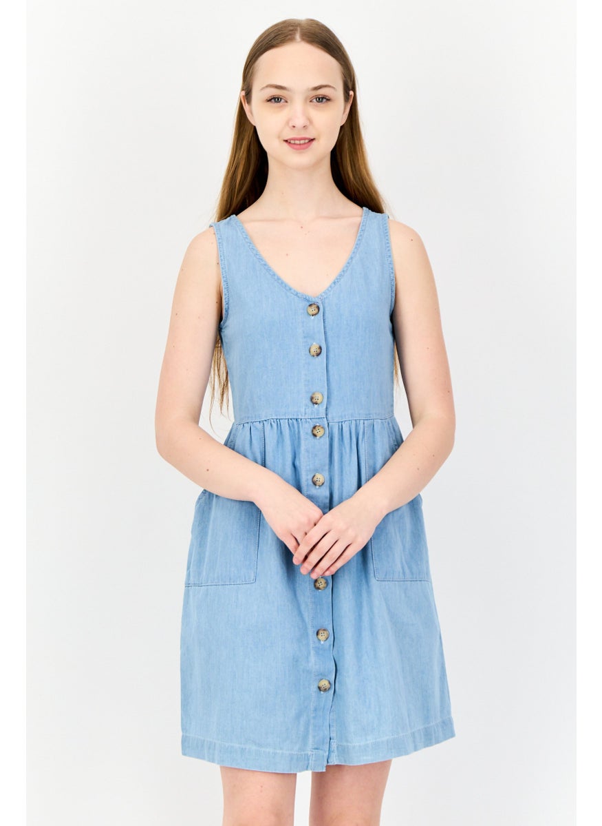 Women Plain Mini Dress, Light Blue
