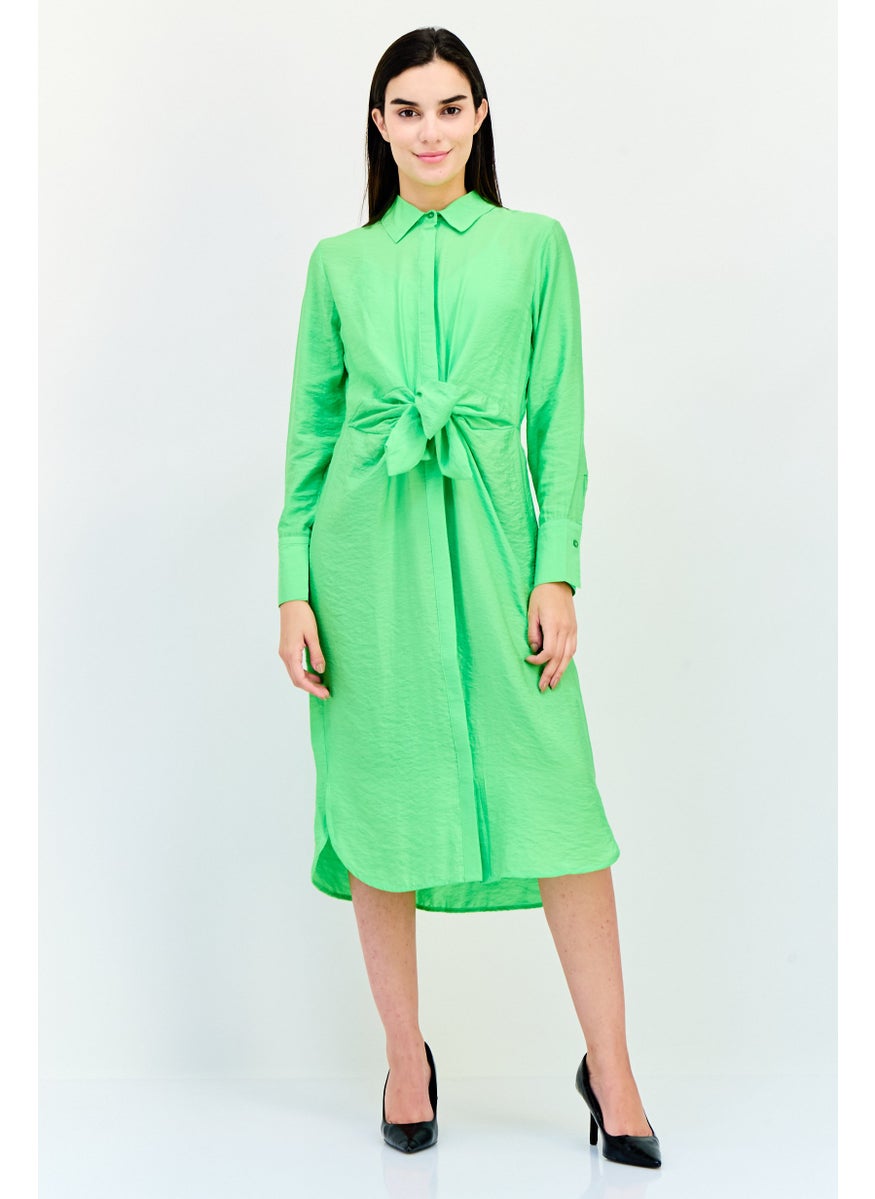 Women Plain Tie Waist Midi Dress, Lime Green