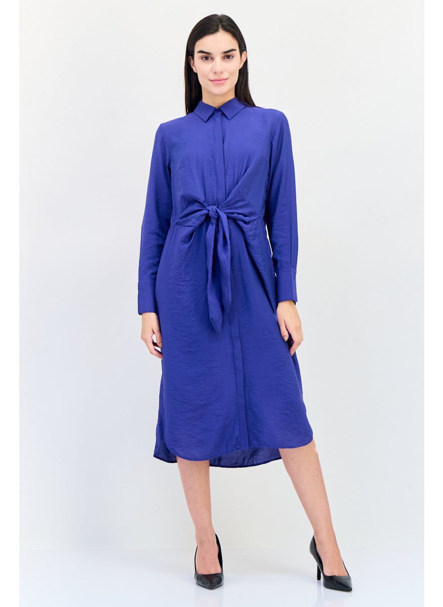 Women Plain Tie Waist Midi Dress, Blue