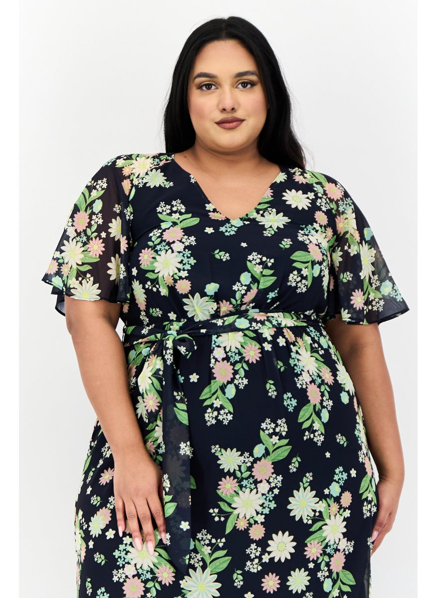 Women Petite Floral Print Midi Dress, Multicolor