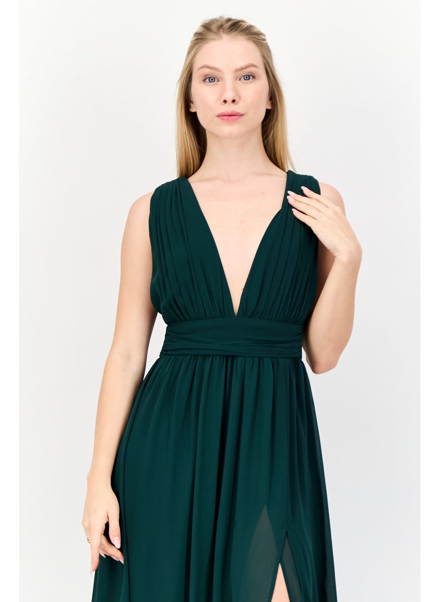 Women Solid Maxi Dress, Forest Green