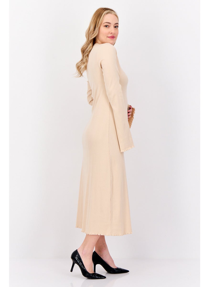 Women Ribbed Midi Dress, Beige