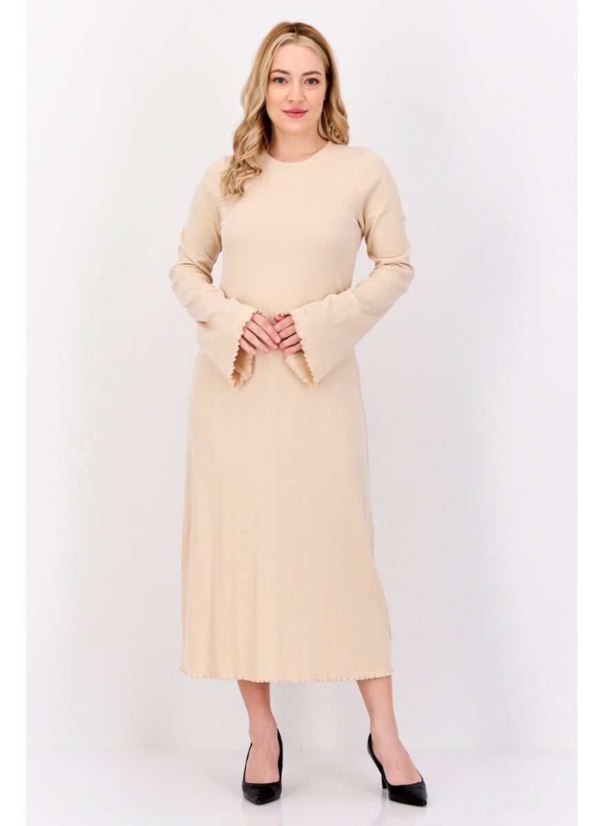Women Ribbed Midi Dress, Beige