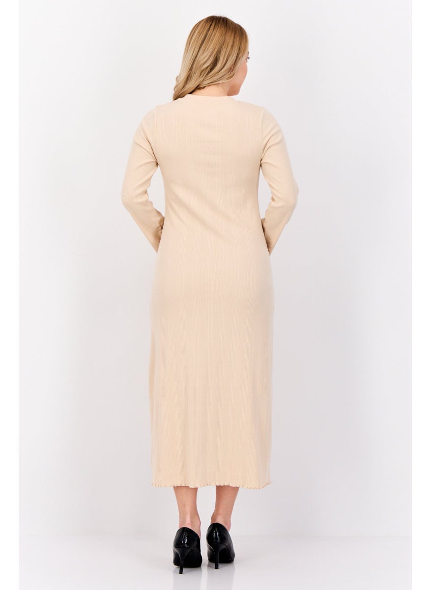 Women Ribbed Midi Dress, Beige