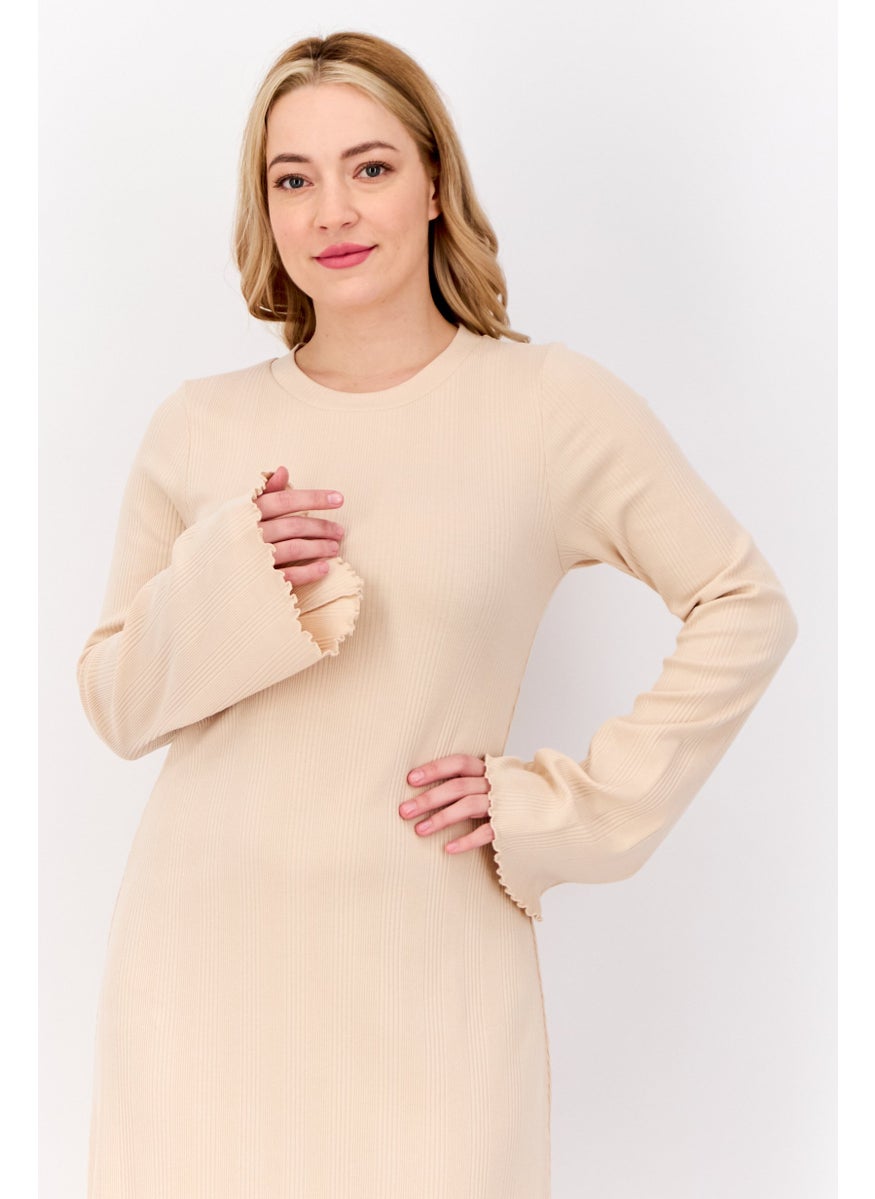 Women Ribbed Midi Dress, Beige