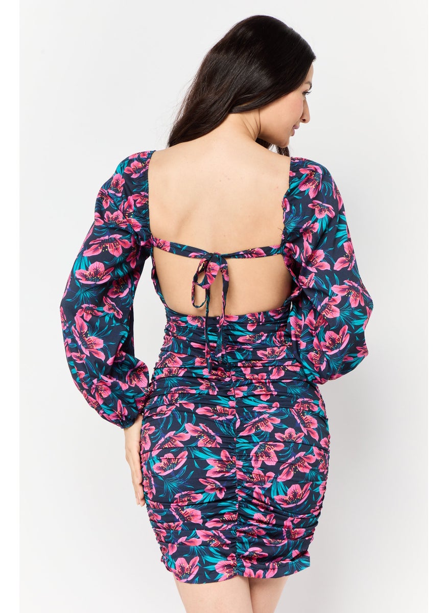 Women Floral Print Mini Dress, Multicolor