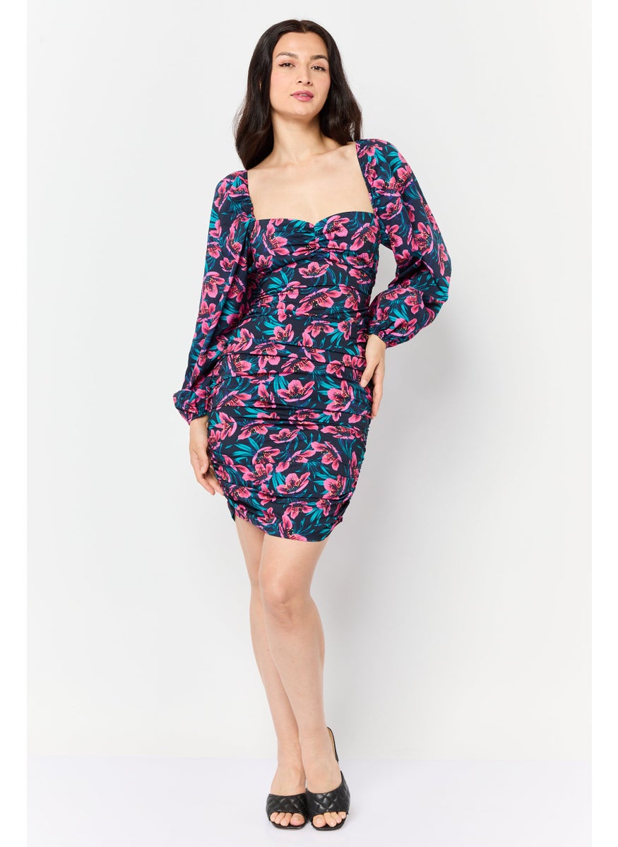 Women Floral Print Mini Dress, Multicolor