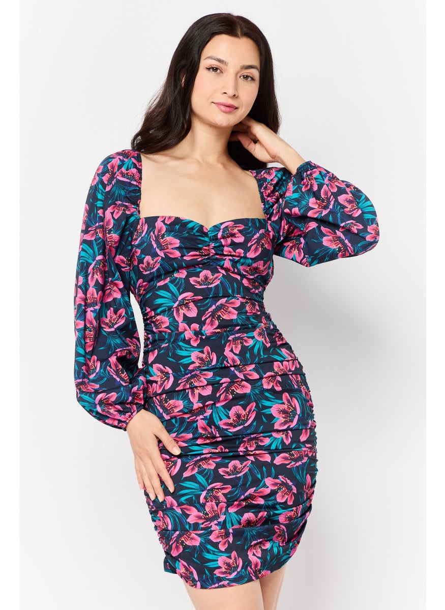 Women Floral Print Mini Dress, Multicolor