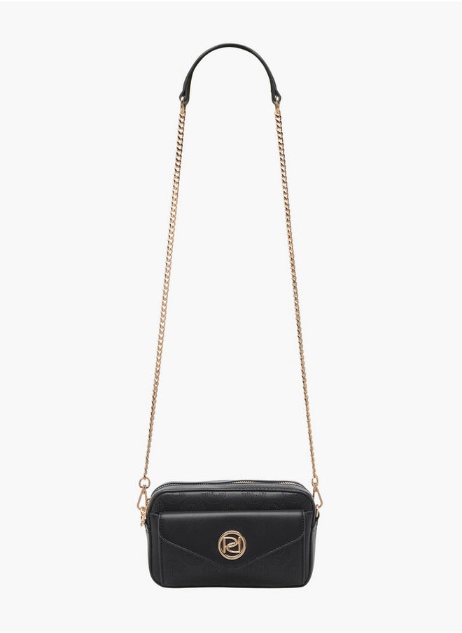 Monogram Detail Crossbody Bag with Detachable Chain Strap and Zip Closure