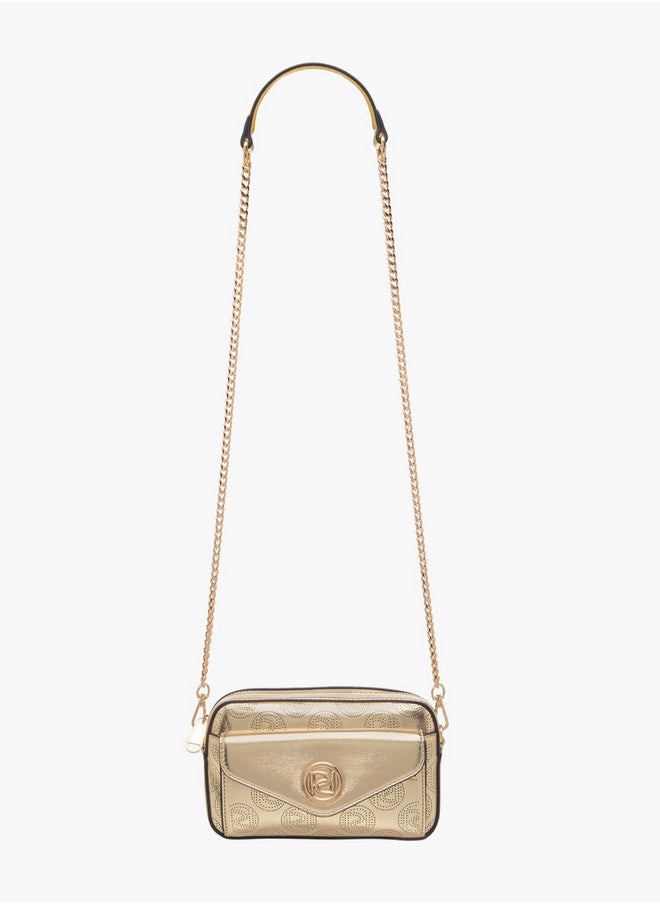 Women's Monogram Embellished Crossbody Bag with Chain Strap and Flap Closure
