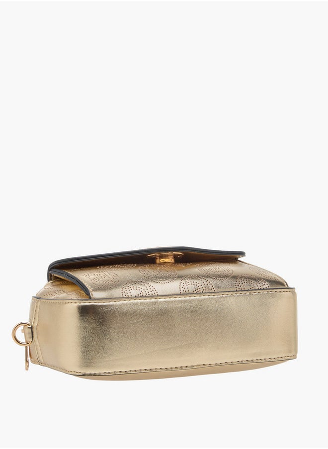 Women's Monogram Embellished Crossbody Bag with Chain Strap and Flap Closure