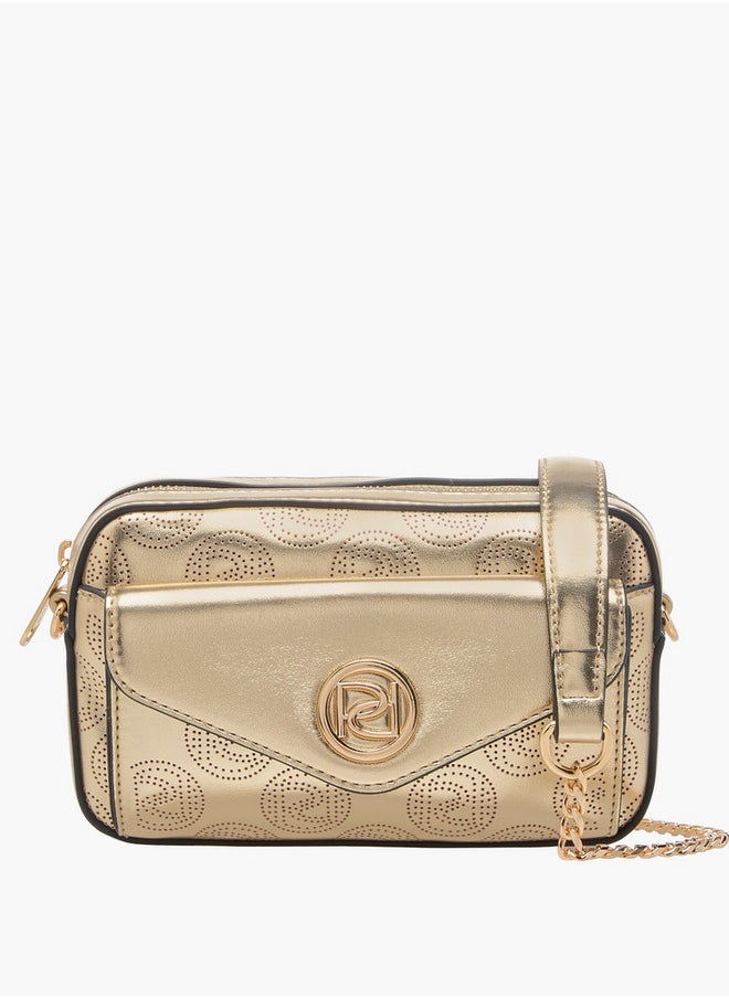 Women's Monogram Embellished Crossbody Bag with Chain Strap and Flap Closure