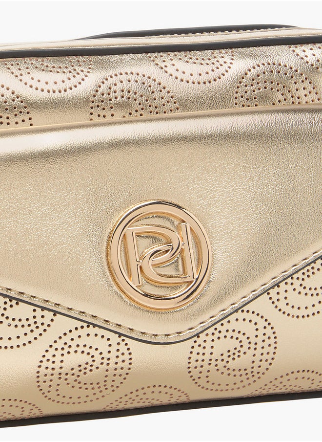 Women's Monogram Embellished Crossbody Bag with Chain Strap and Flap Closure