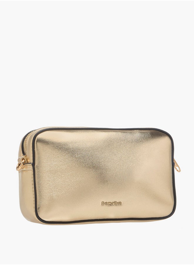 Women's Monogram Embellished Crossbody Bag with Chain Strap and Flap Closure