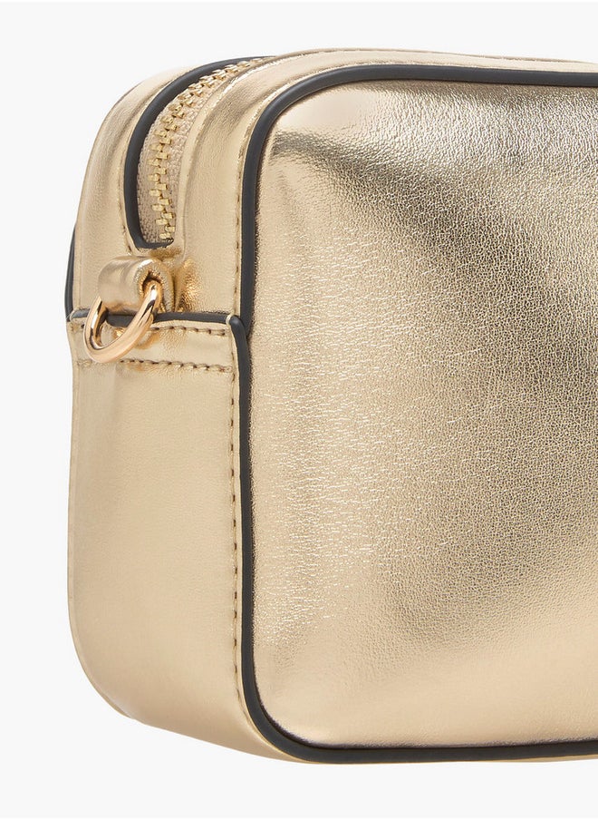 Women's Monogram Embellished Crossbody Bag with Chain Strap and Flap Closure