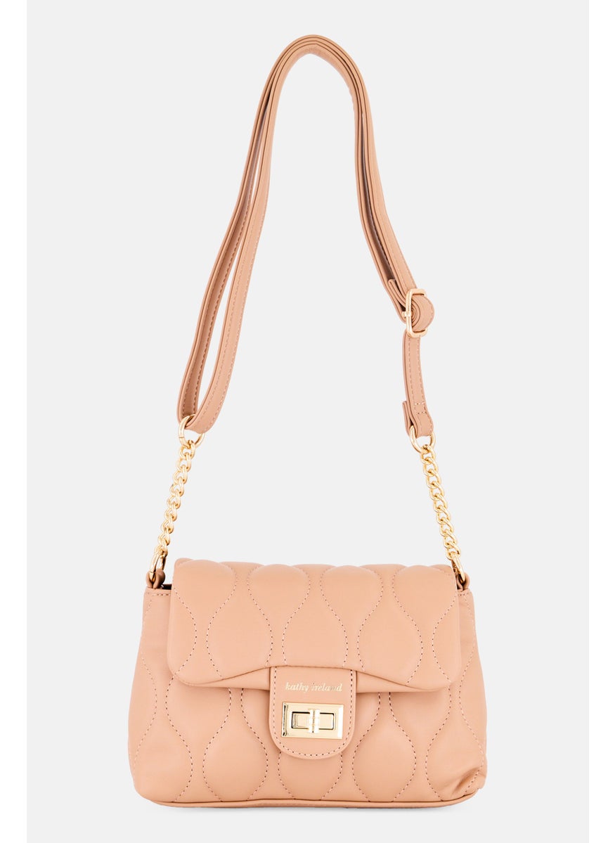 Women Quilted Cross Body Bag, Cream, Dark Salmon