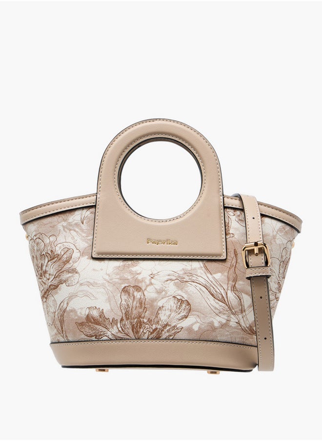 Women's Floral Print Tote Bag with Detachable Strap and Zip Closure