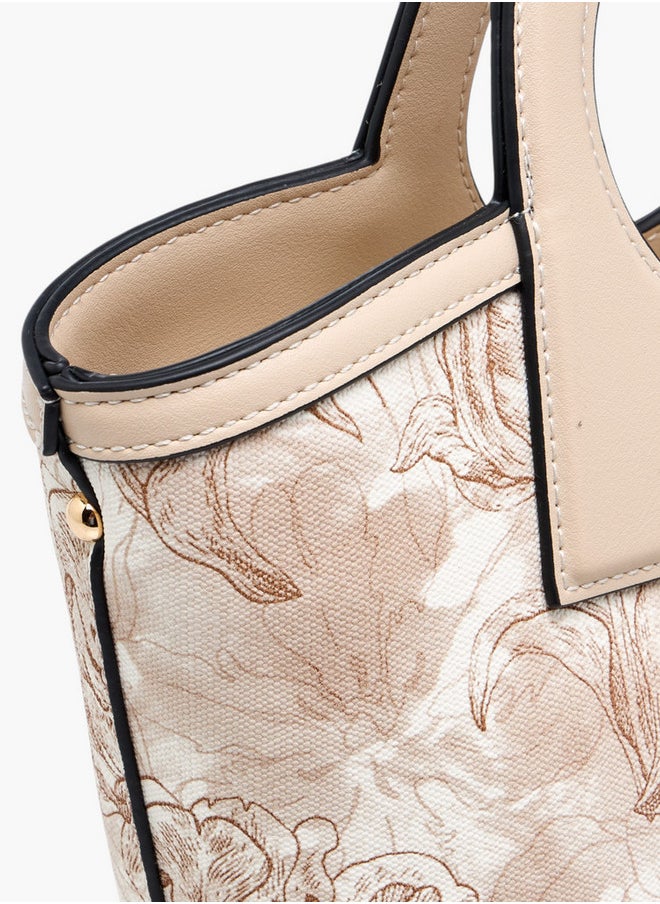 Women's Floral Print Tote Bag with Detachable Strap and Zip Closure