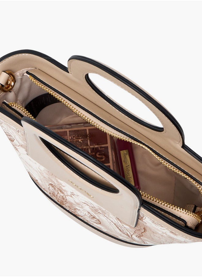 Women's Floral Print Tote Bag with Detachable Strap and Zip Closure
