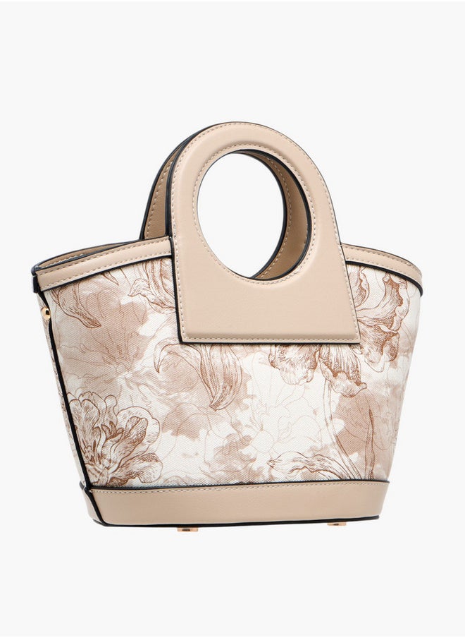 Women's Floral Print Tote Bag with Detachable Strap and Zip Closure