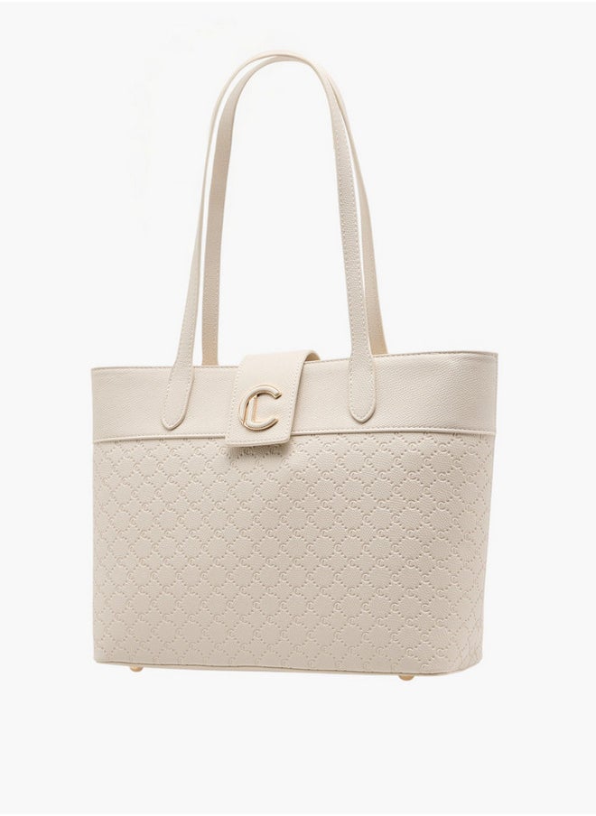 Women's Monogram Embossed Tote Bag with Double Handle and Zip Closure