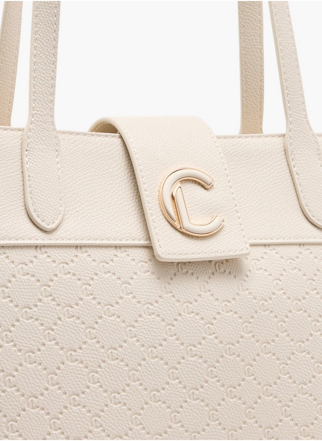 Women's Monogram Embossed Tote Bag with Double Handle and Zip Closure