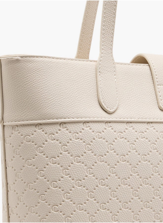 Women's Monogram Embossed Tote Bag with Double Handle and Zip Closure