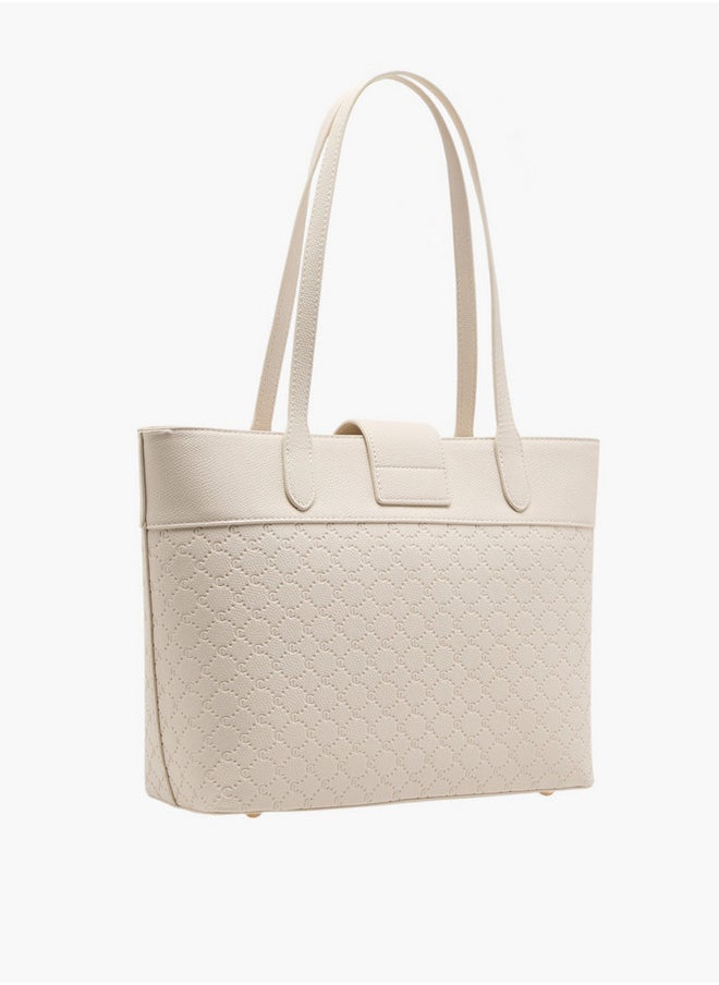 Women's Monogram Embossed Tote Bag with Double Handle and Zip Closure