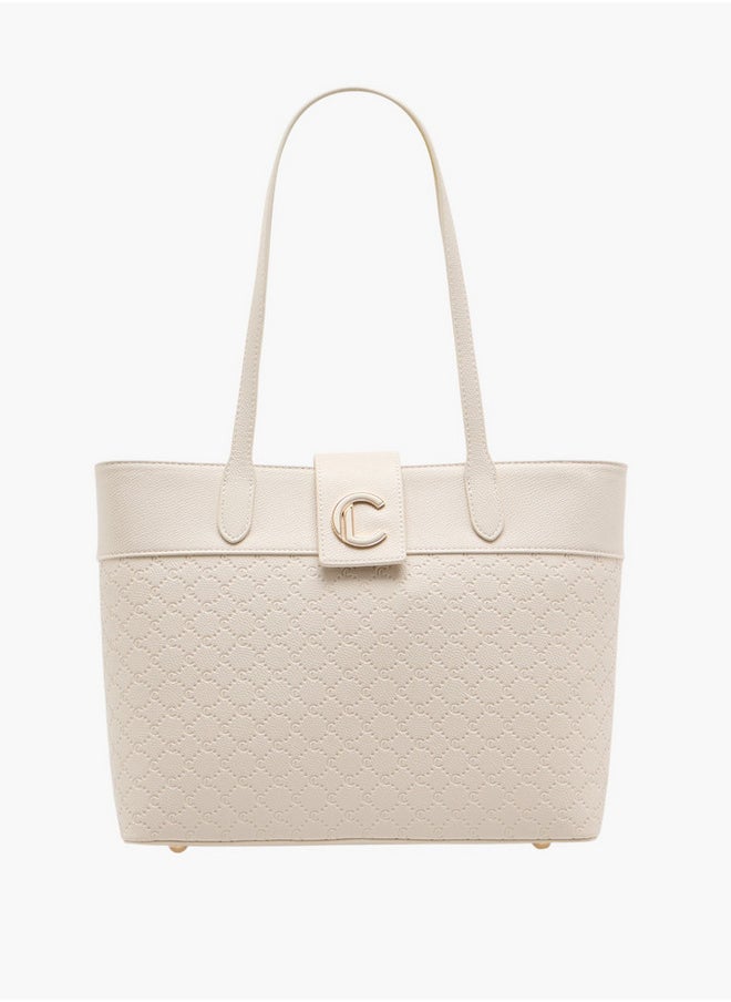 Women's Monogram Embossed Tote Bag with Double Handle and Zip Closure