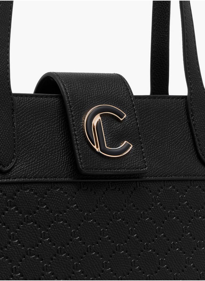 Women's Monogram Embossed Tote Bag with Double Handle and Zip Closure