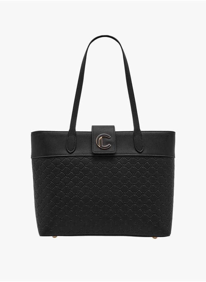 Women's Monogram Embossed Tote Bag with Double Handle and Zip Closure