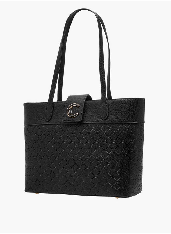 Women's Monogram Embossed Tote Bag with Double Handle and Zip Closure