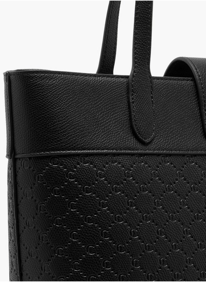 Women's Monogram Embossed Tote Bag with Double Handle and Zip Closure