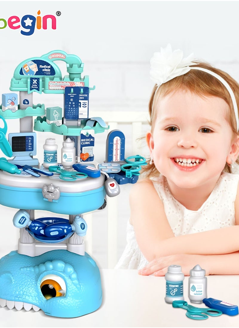 45 Pcs Dinosaur-shaped Medical Playset with Trolley Case and Bag, 3 in 1 Medical-themed Pretend Toy, Simulation Play Doctor Toys Set with Various Accessaries, Creative Safety Play House Toys, Ideal