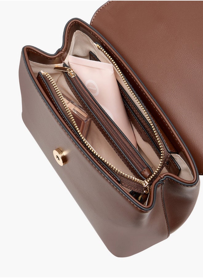 Women's Solid Satchel Bag with Grab Handle and Button Closure