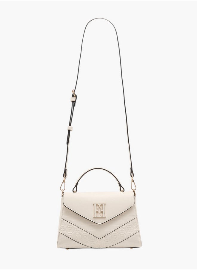 Women's Monogram Embossed Satchel Bag with Grab Handle and Button Closure