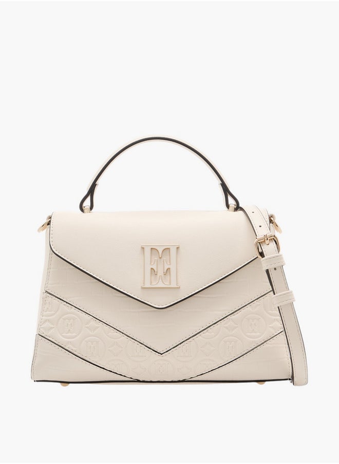 Women's Monogram Embossed Satchel Bag with Grab Handle and Button Closure