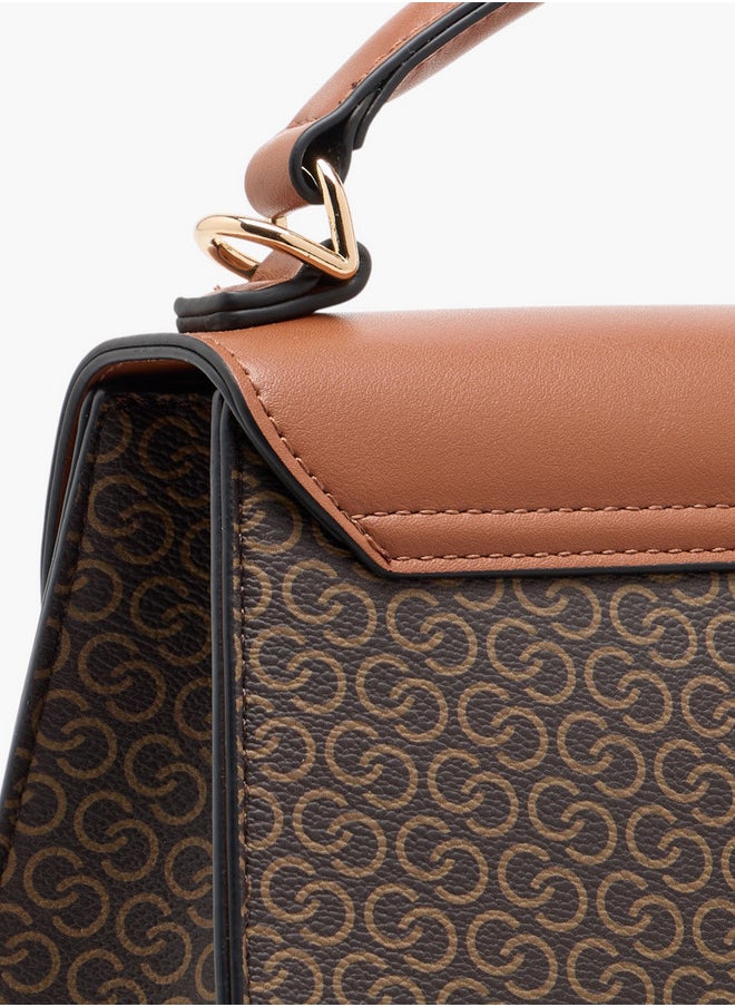 Women's Monogram Print Satchel Bag with Detachable Strap and Flap Closure
