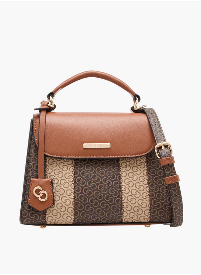 Women's Monogram Print Satchel Bag with Detachable Strap and Flap Closure