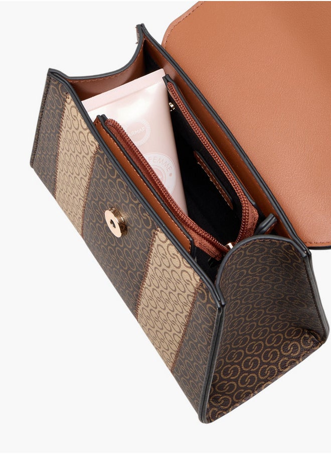 Women's Monogram Print Satchel Bag with Detachable Strap and Flap Closure