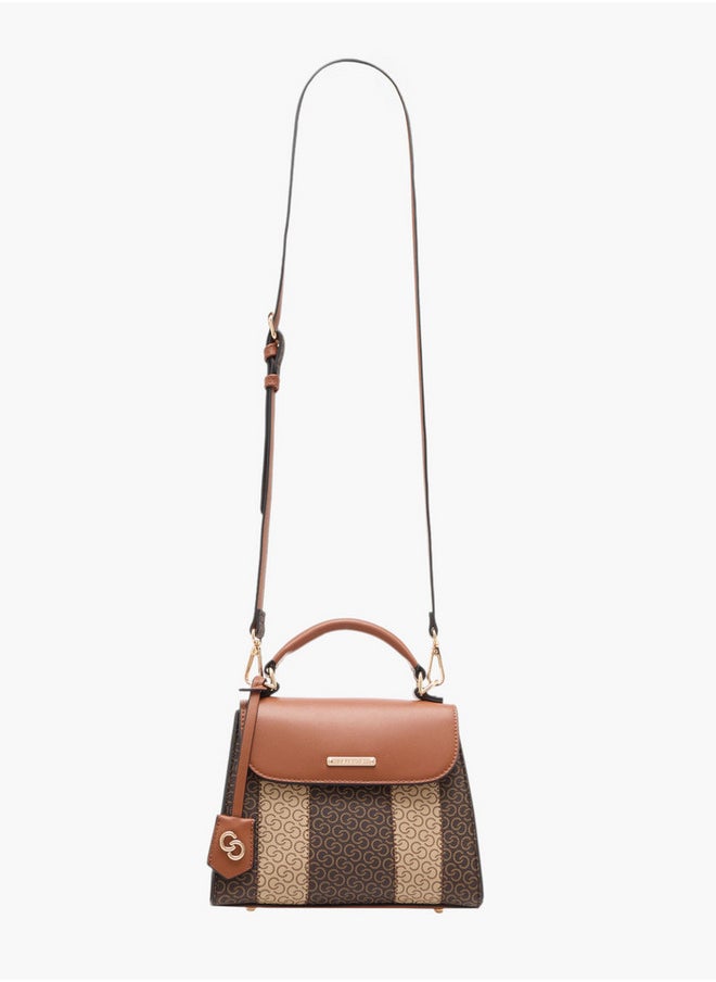 Women's Monogram Print Satchel Bag with Detachable Strap and Flap Closure