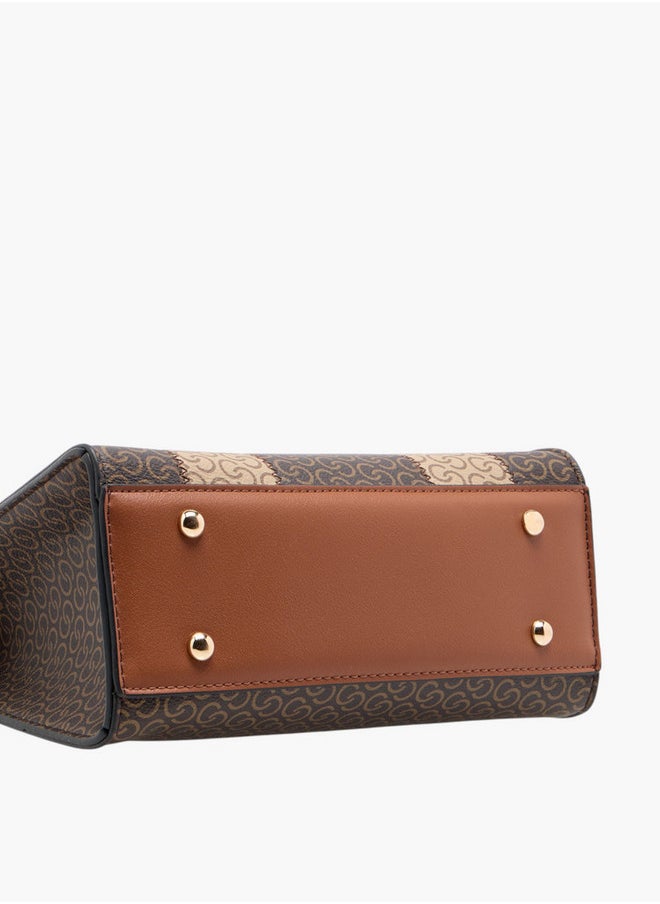 Women's Monogram Print Satchel Bag with Detachable Strap and Flap Closure