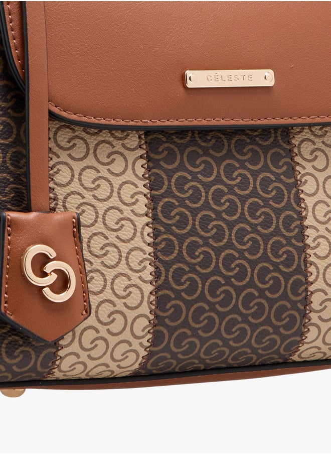 Women's Monogram Print Satchel Bag with Detachable Strap and Flap Closure