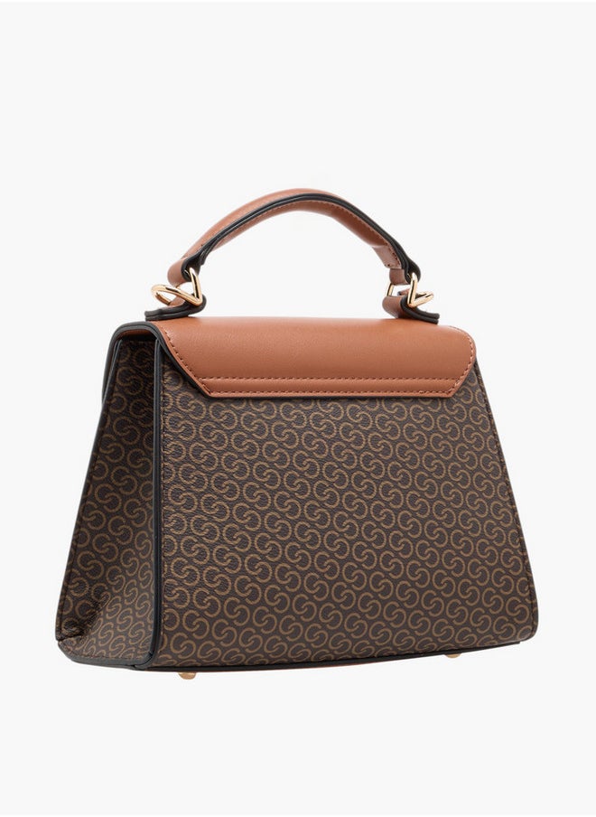 Women's Monogram Print Satchel Bag with Detachable Strap and Flap Closure