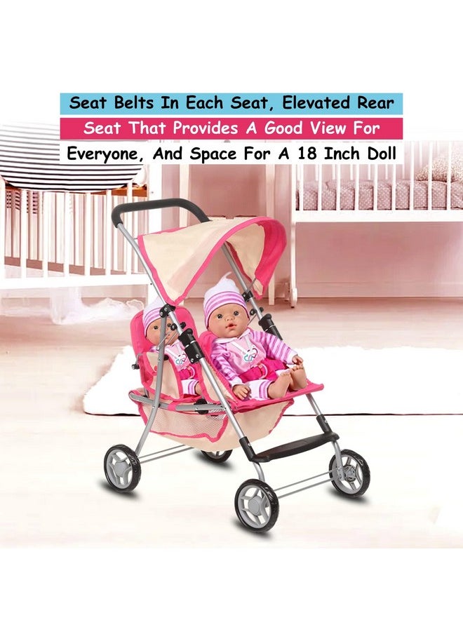 Fash n kolor, Twin Doll Double Stroller | Pink & Off-white Design Easy to Fold Double Stroller with Basket in The bottom
