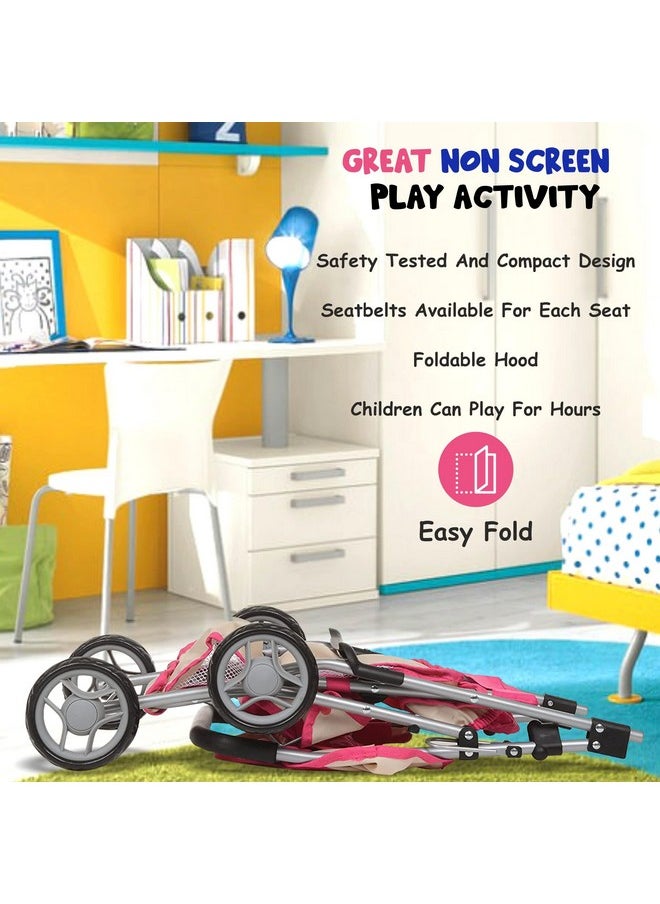 Fash n kolor, Twin Doll Double Stroller | Pink & Off-white Design Easy to Fold Double Stroller with Basket in The bottom