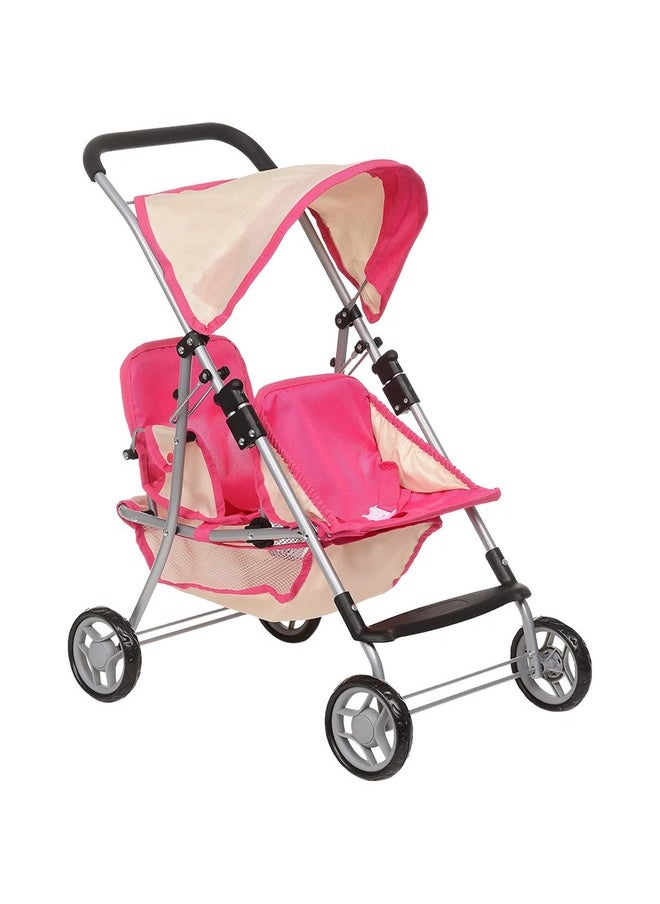 Fash n kolor, Twin Doll Double Stroller | Pink & Off-white Design Easy to Fold Double Stroller with Basket in The bottom