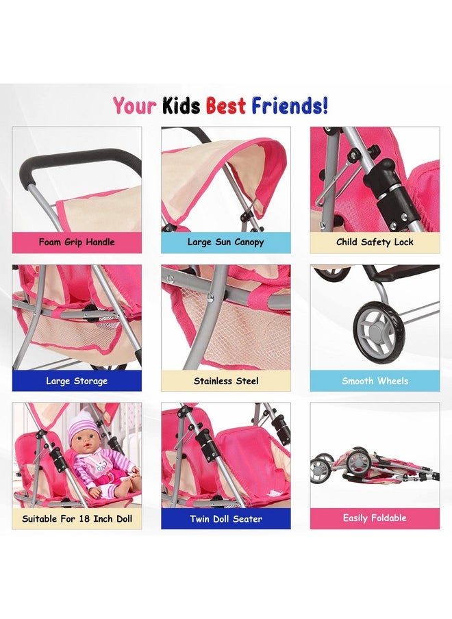 Fash n kolor, Twin Doll Double Stroller | Pink & Off-white Design Easy to Fold Double Stroller with Basket in The bottom