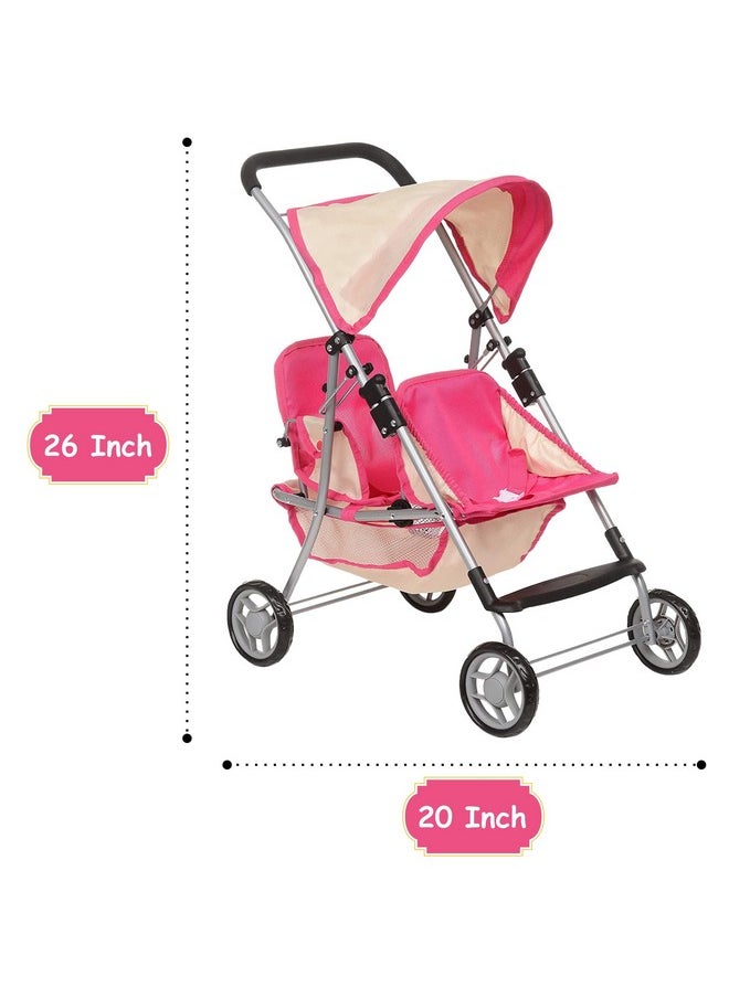 Fash n kolor, Twin Doll Double Stroller | Pink & Off-white Design Easy to Fold Double Stroller with Basket in The bottom
