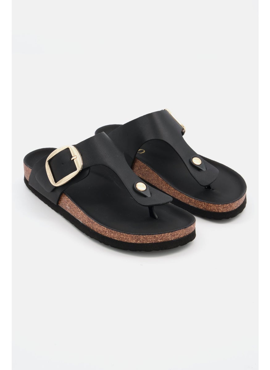 Women Big Buckle Slip On Slide Sandals, Black